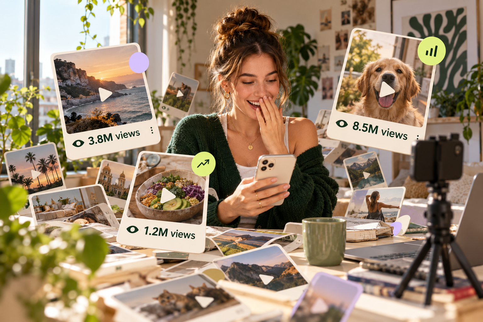 Lifestyle influencer viewing her content and counting the millions of views