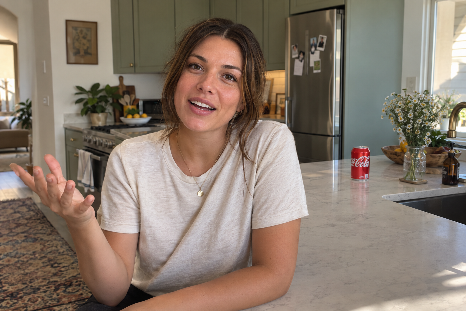 Illustrative creator chatting to camera with a Coca-Cola can naturally placed on the kitchen counter behind her