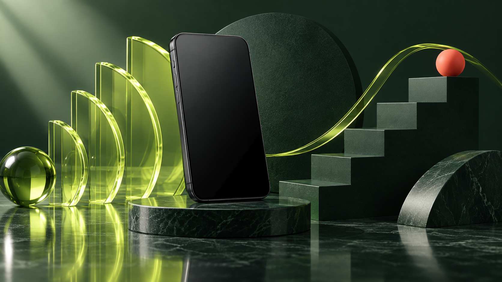 Conceptual artwork with a blank phone, lime glass forms, forest steps, and a coral sphere